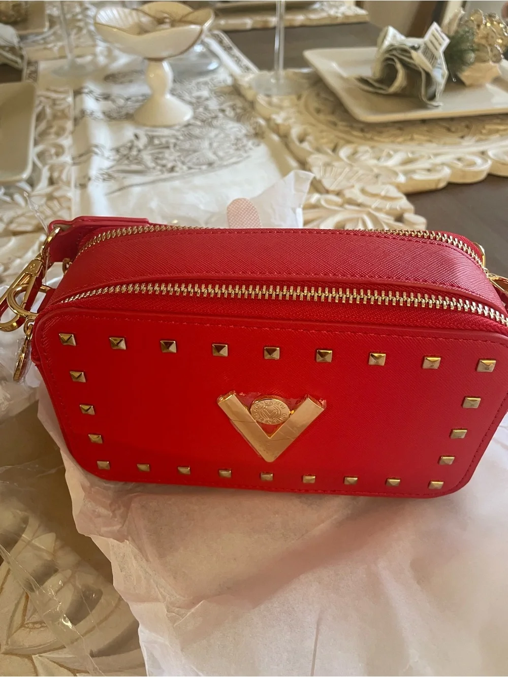 NEW Valentino Orlandi Red Studded Pouch Bag- Gold Zippers Italy Designer